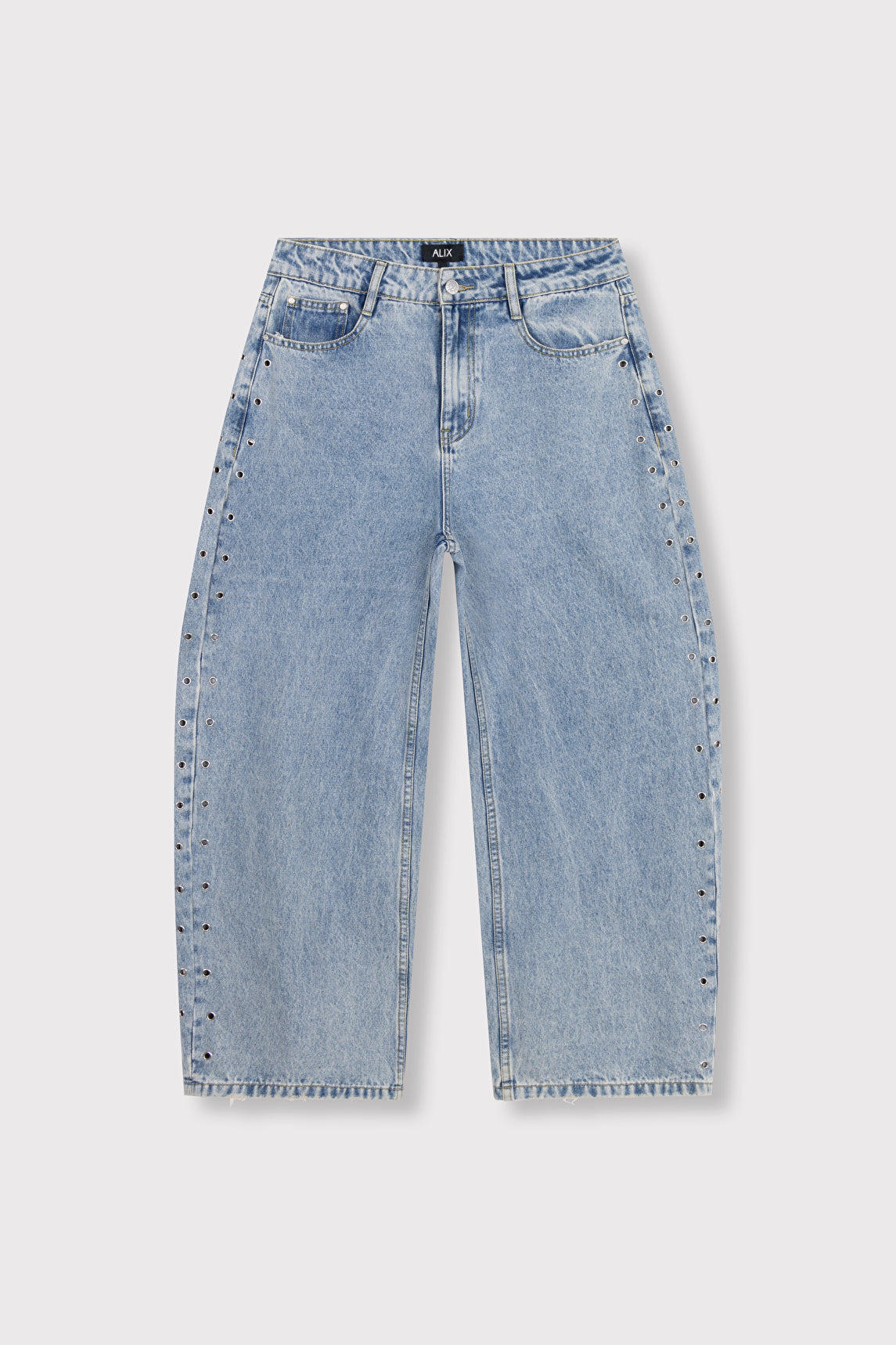 Ladies Woven Studded Barrel Denim Pants van ALIX The Label, kleur Light Blue Denim