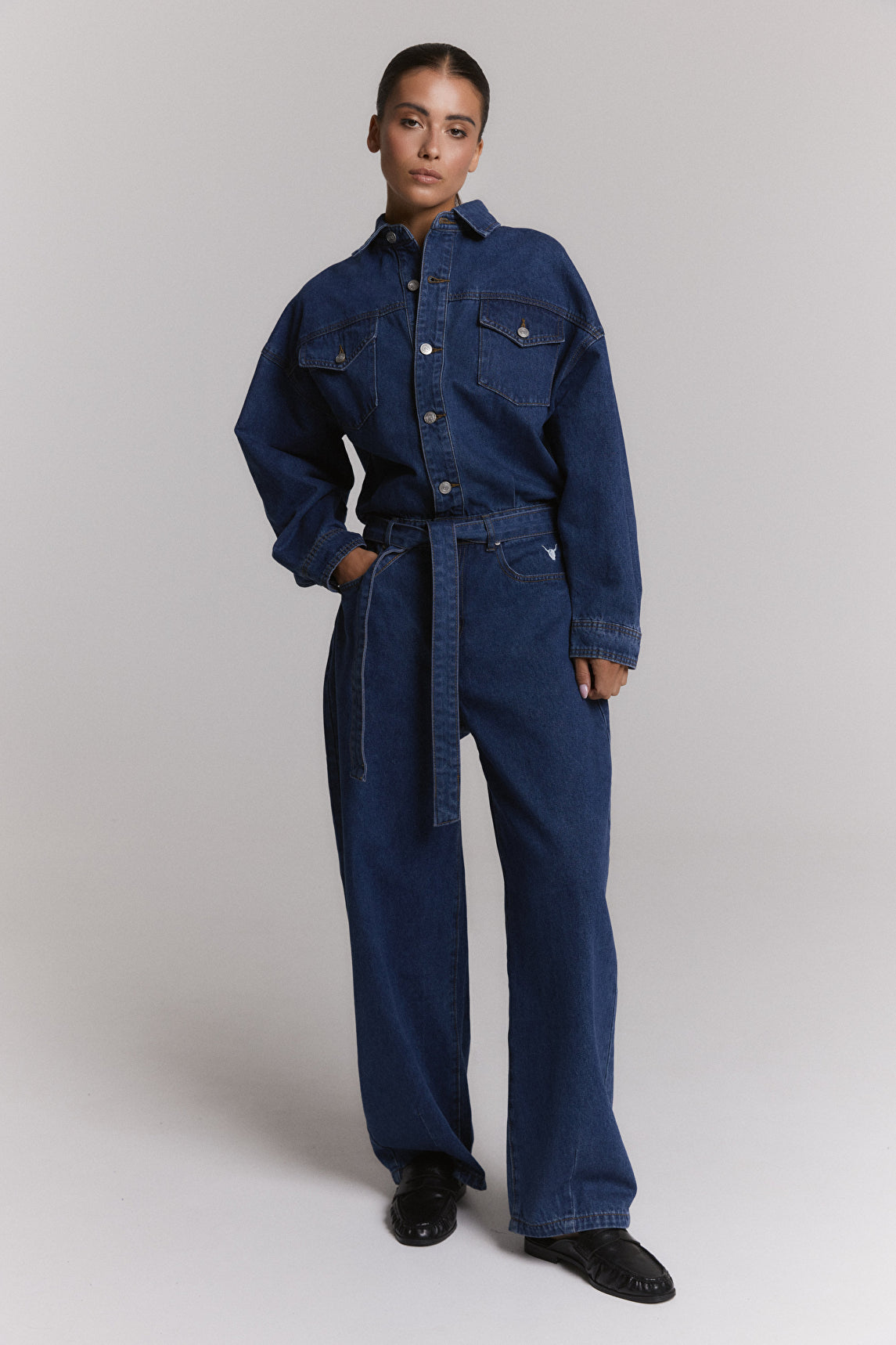 Ladies Woven Denim Jumpsuit van ALIX The Label, kleur Mid Denim Blue