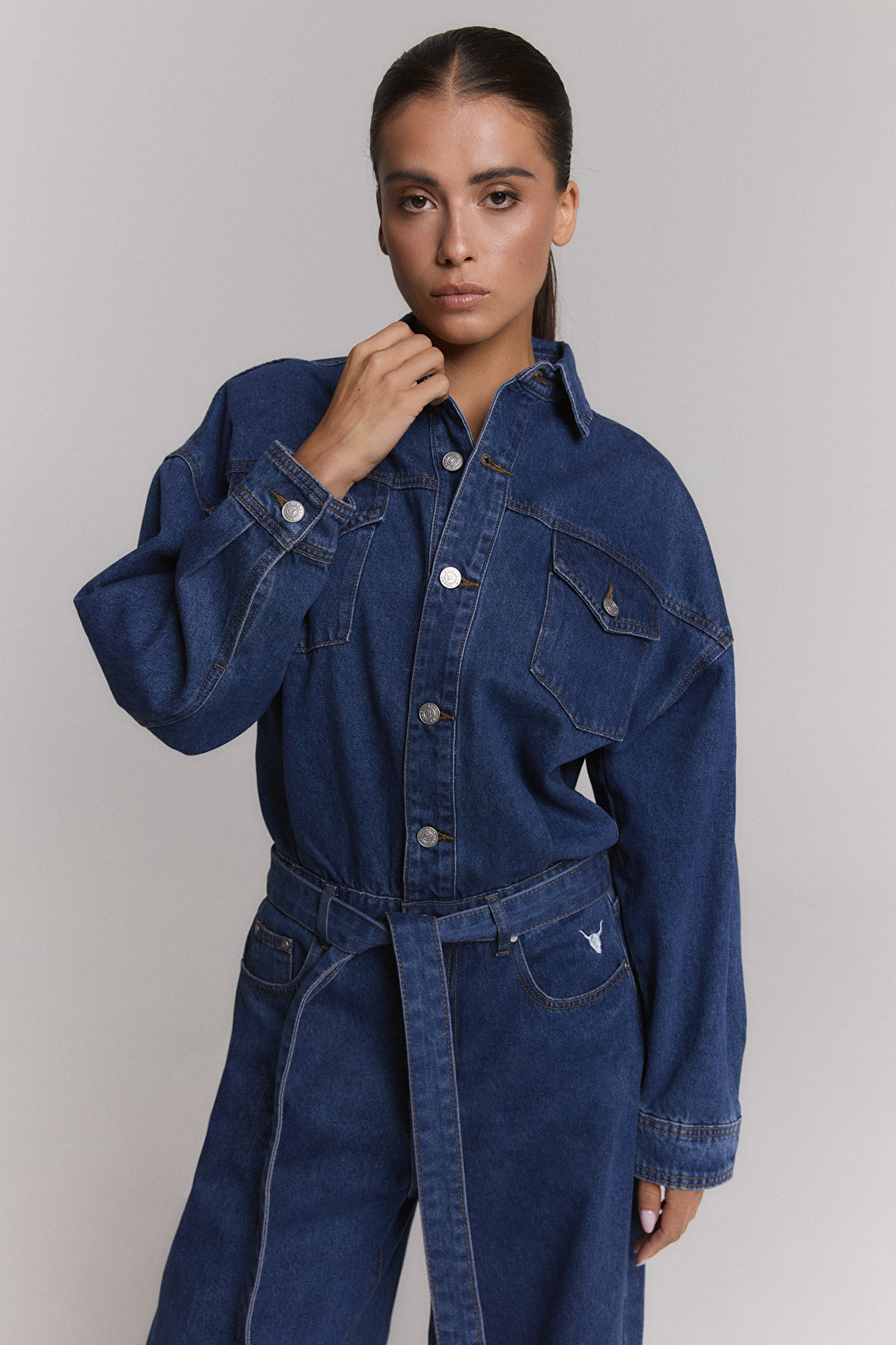 Ladies Woven Denim Jumpsuit van ALIX The Label, kleur Mid Denim Blue