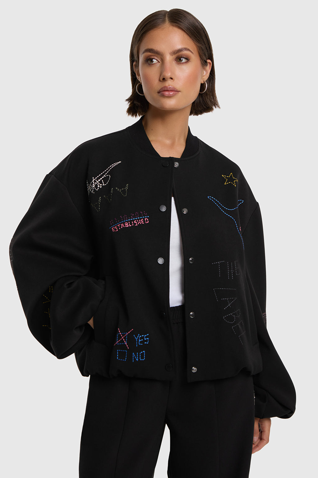 Ladies Woven Artwork Bomber van ALIX The Label, kleur Black