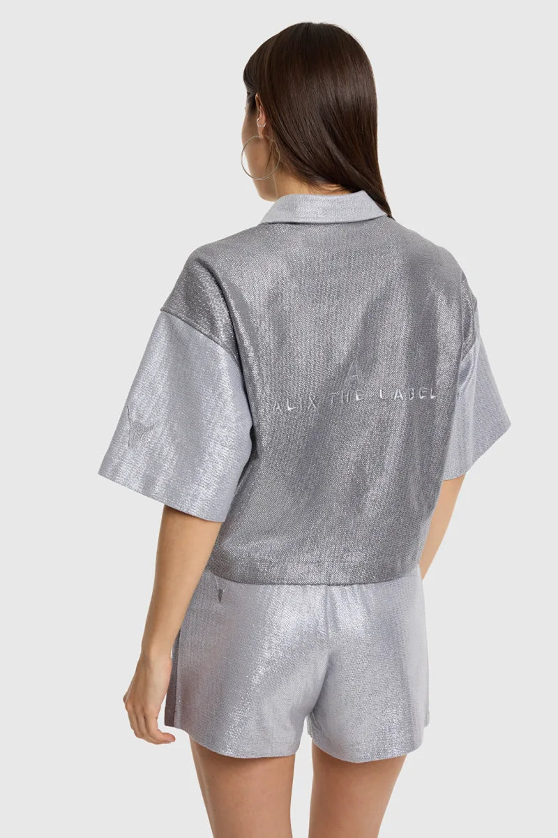 Ladies Knitted Foil Cropped Blouse van ALIX The Label, kleur Light Grey
