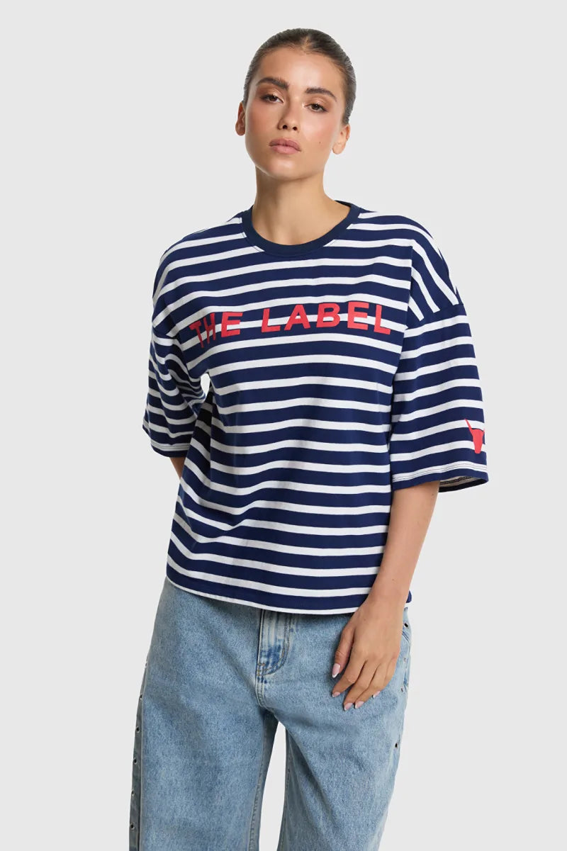 Ladies Knitted Y/D Stripe T-Shirt van ALIX The Label, kleur Navy