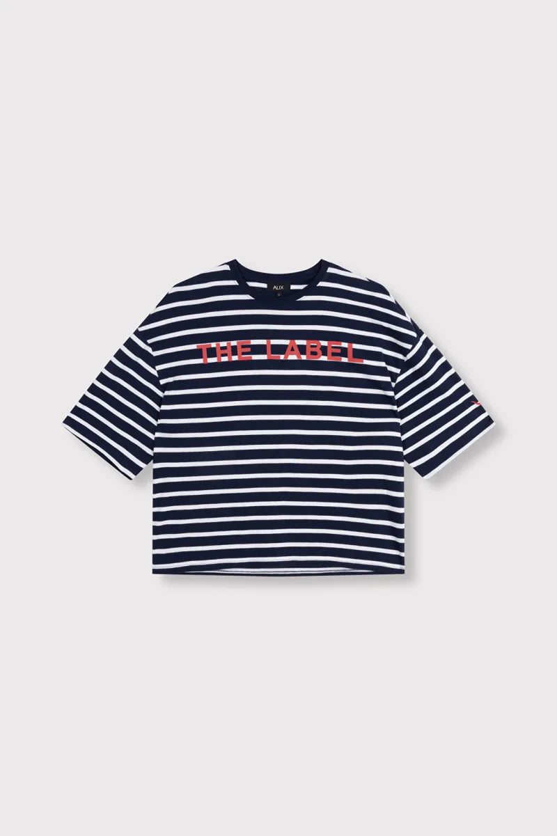 Ladies Knitted Y/D Stripe T-Shirt van ALIX The Label, kleur Navy