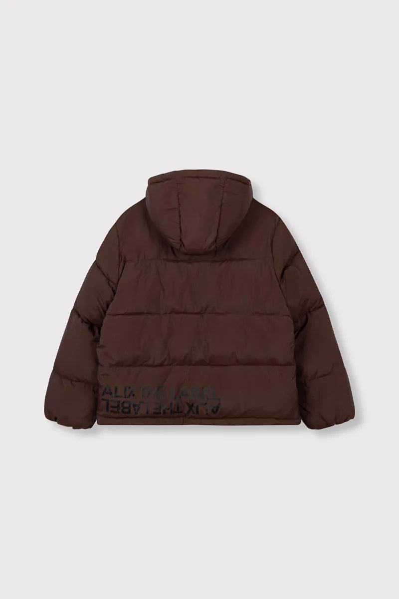 Ladies Woven Puffer Coat van ALIX The Label, kleur Warm Brown