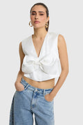 Ladies Woven Text Bow Top van ALIX The Label, kleur Cream