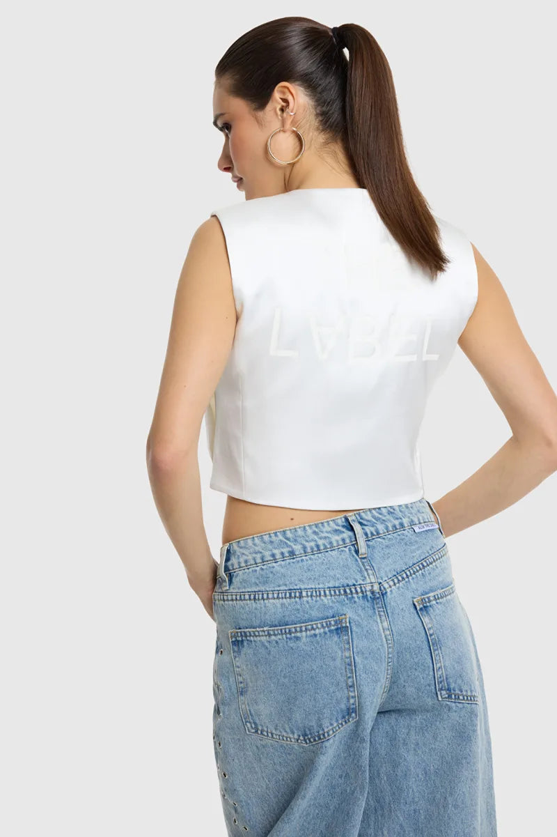 Ladies Woven Text Bow Top van ALIX The Label, kleur Cream