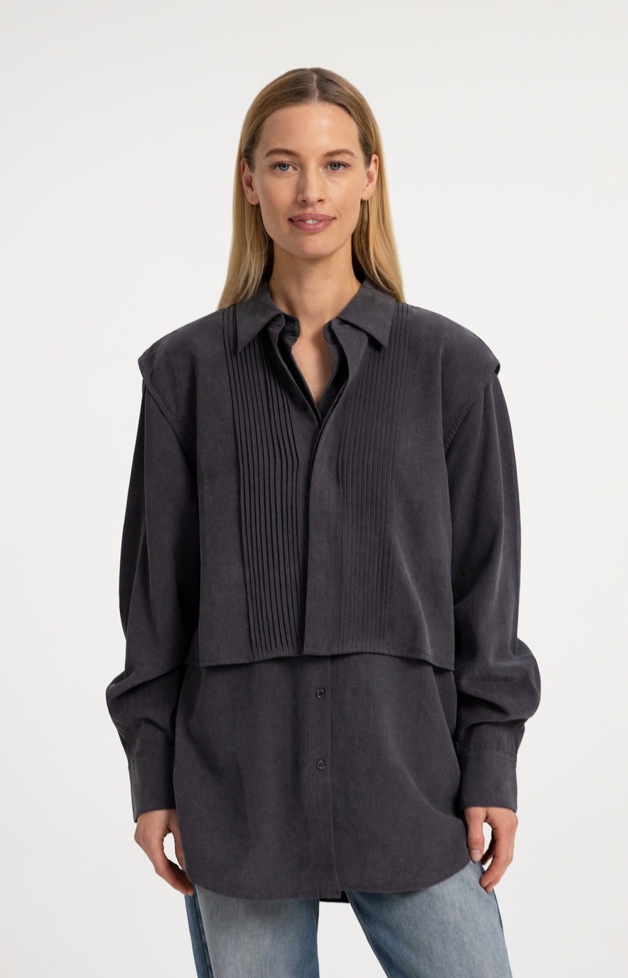 Blouse Met Giletkraag En Plooidetails van YAYA, kleur Hole Black
