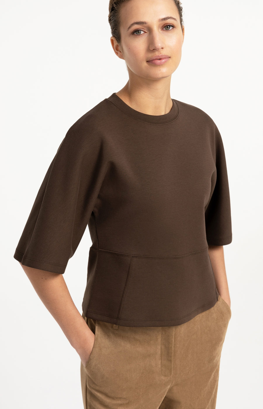 Jersey Top Met Wijde Halflange Mouwen van YAYA, kleur Slate Black Brown