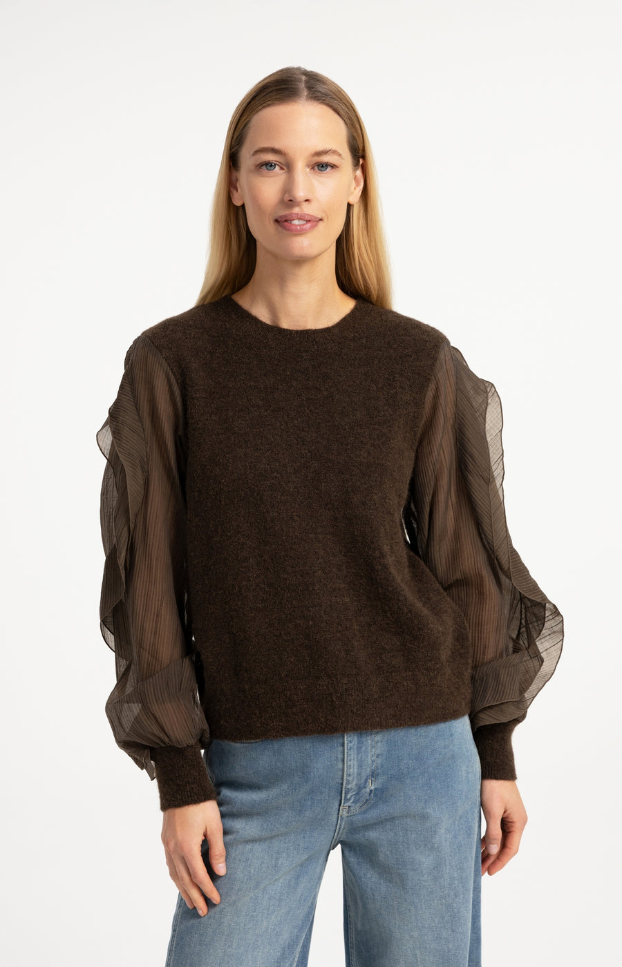 Gebreide Trui Met Ruchesmouwen van YAYA, kleur Slate Black Brown