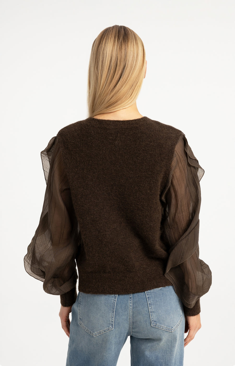 Gebreide Trui Met Ruchesmouwen van YAYA, kleur Slate Black Brown