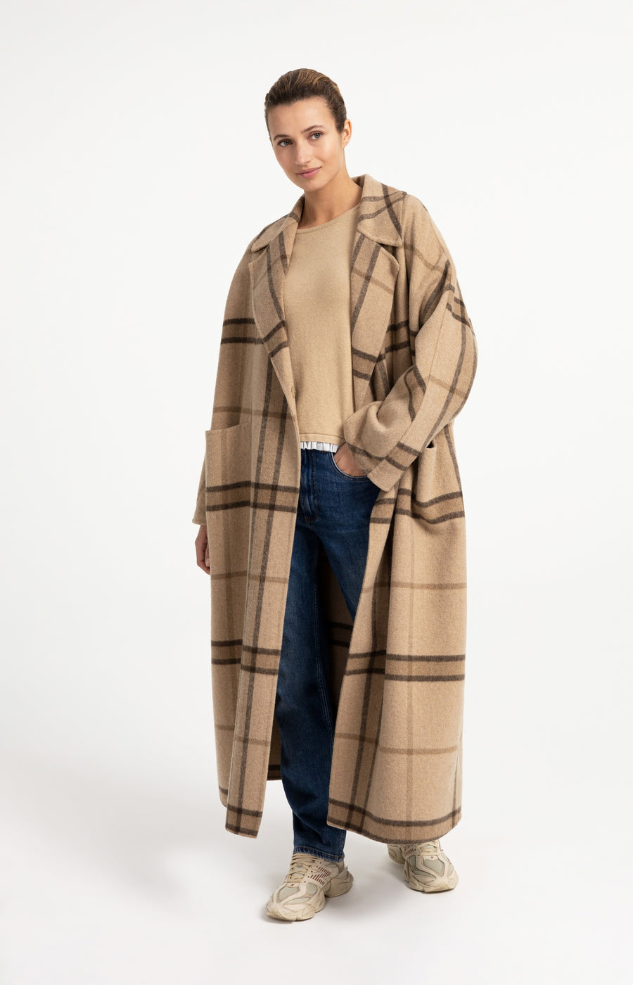 Lange Geruite Jas Van Wolmix Met Oversized Pasvorm van YAYA, kleur Cornstalk Brown Dessin