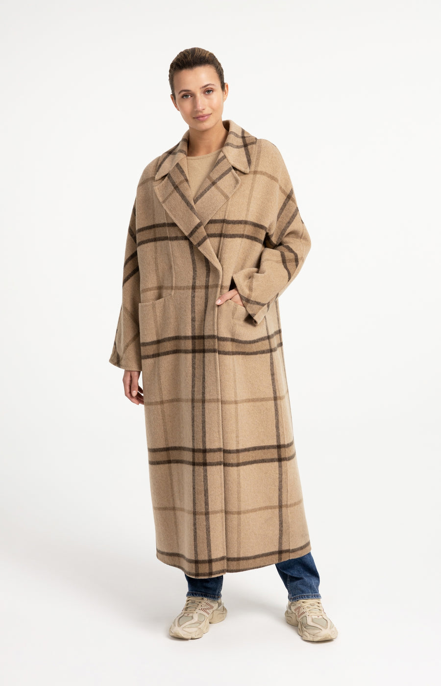 Lange Geruite Jas Van Wolmix Met Oversized Pasvorm van YAYA, kleur Cornstalk Brown Dessin