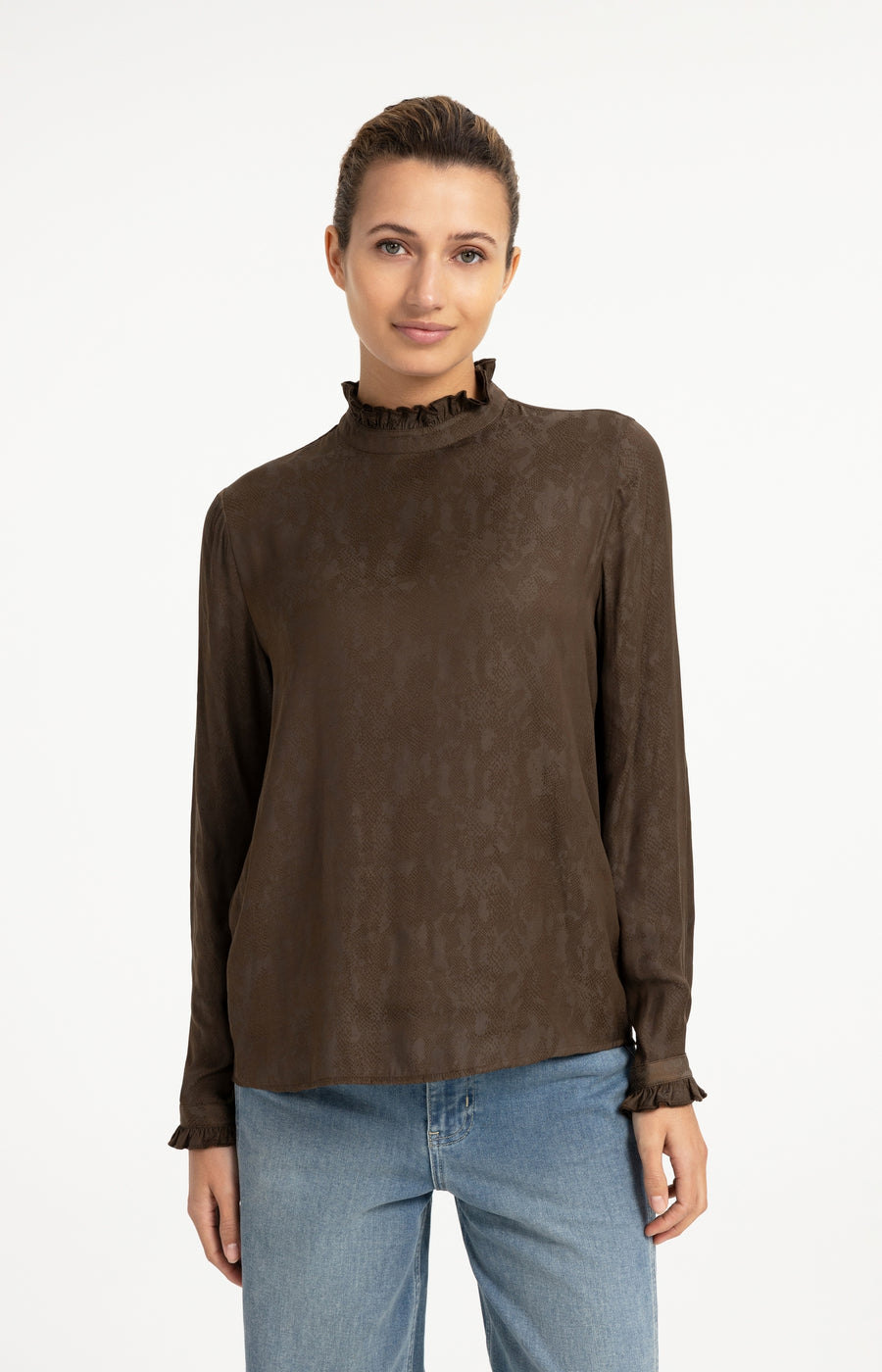 Top Met Ruches En Lange Mouwen van YAYA, kleur Slate Black Brown Dessin