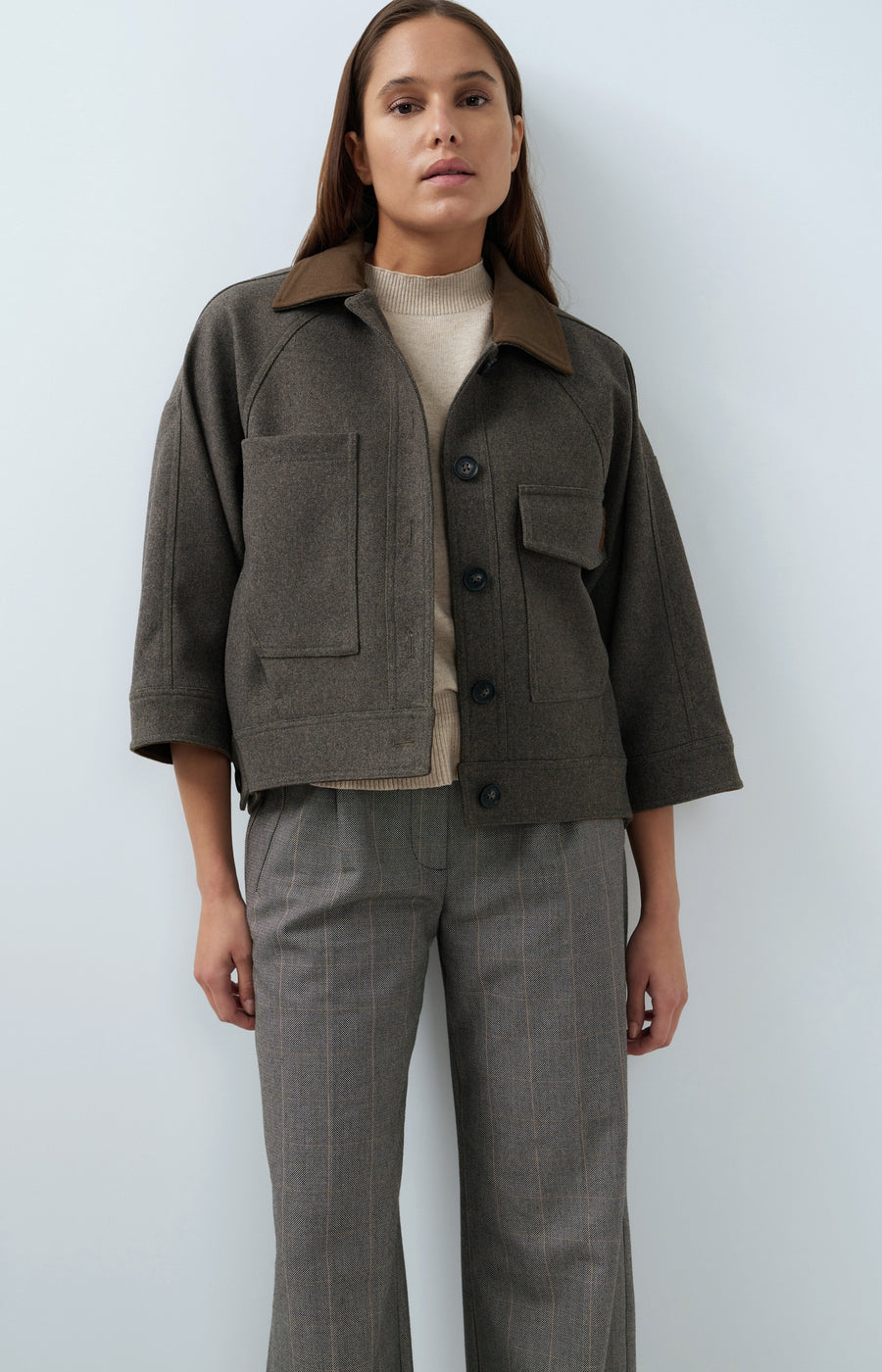 Oversized Wollen Jack Met Contrasterende Kraag van YAYA, kleur Grey Melange