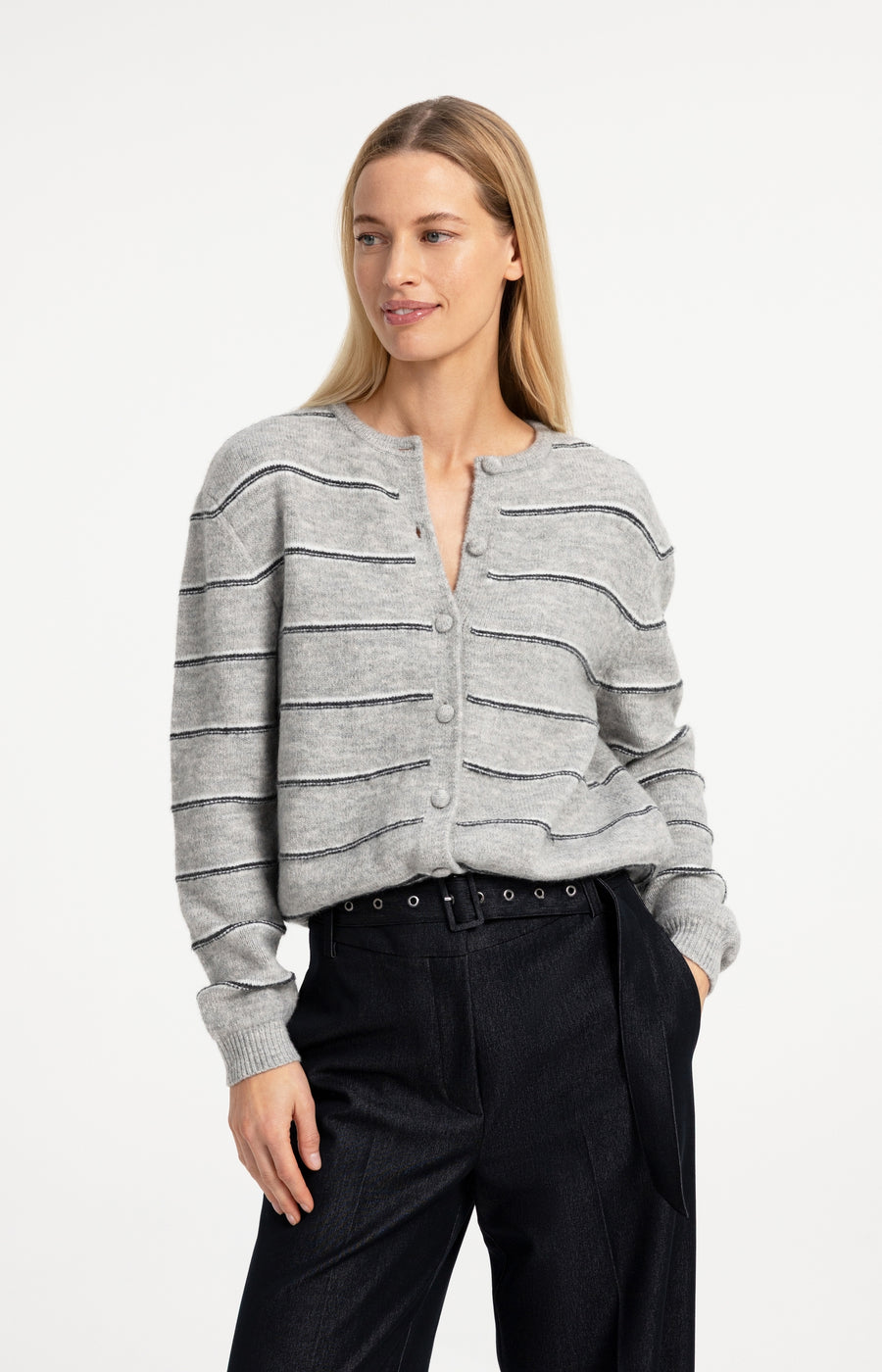 Gestreept Gebreid Vest Met Strikdetail van YAYA, kleur Medium Grey Melange