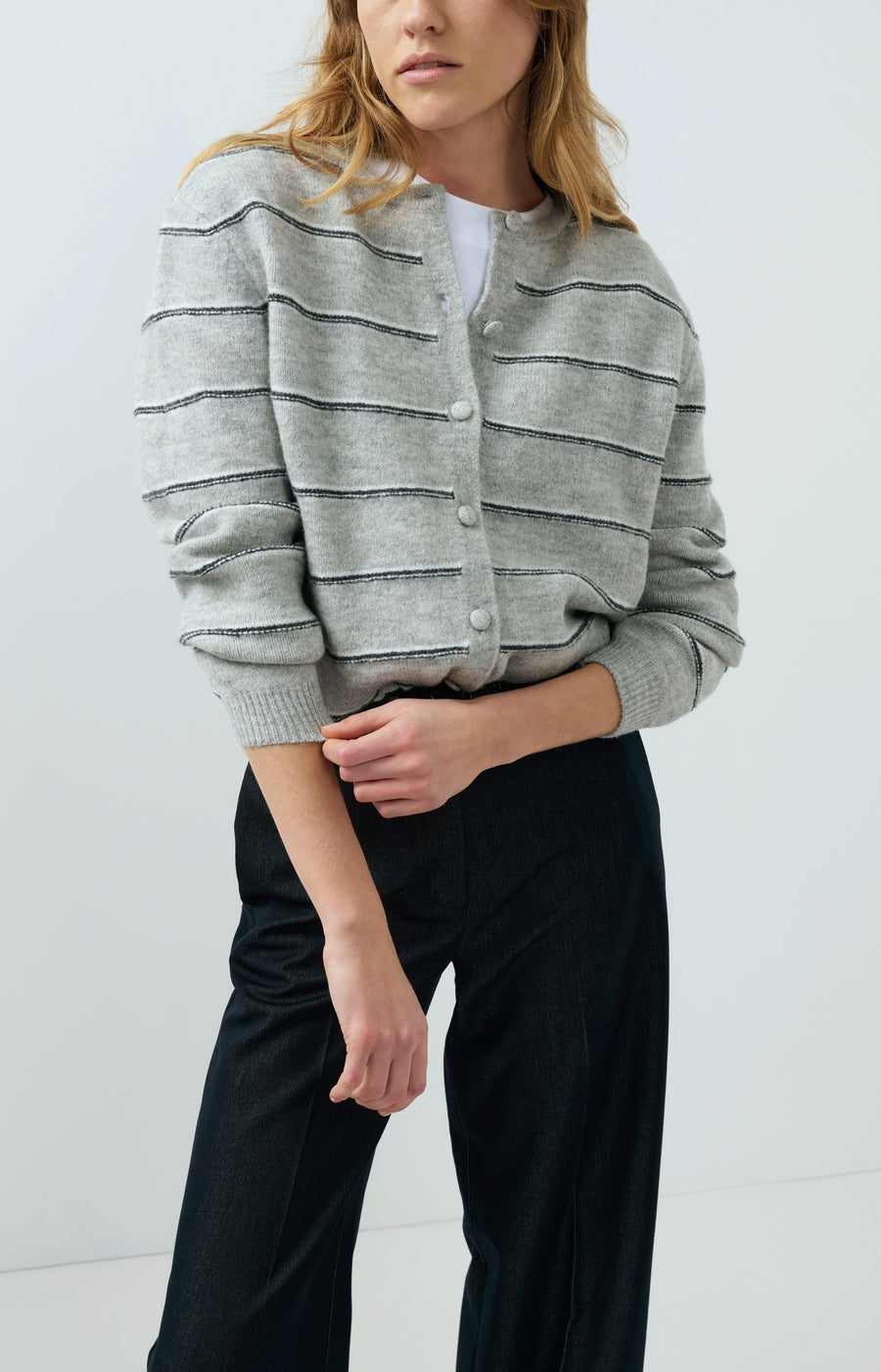 Gestreept Gebreid Vest Met Strikdetail van YAYA, kleur Medium Grey Melange