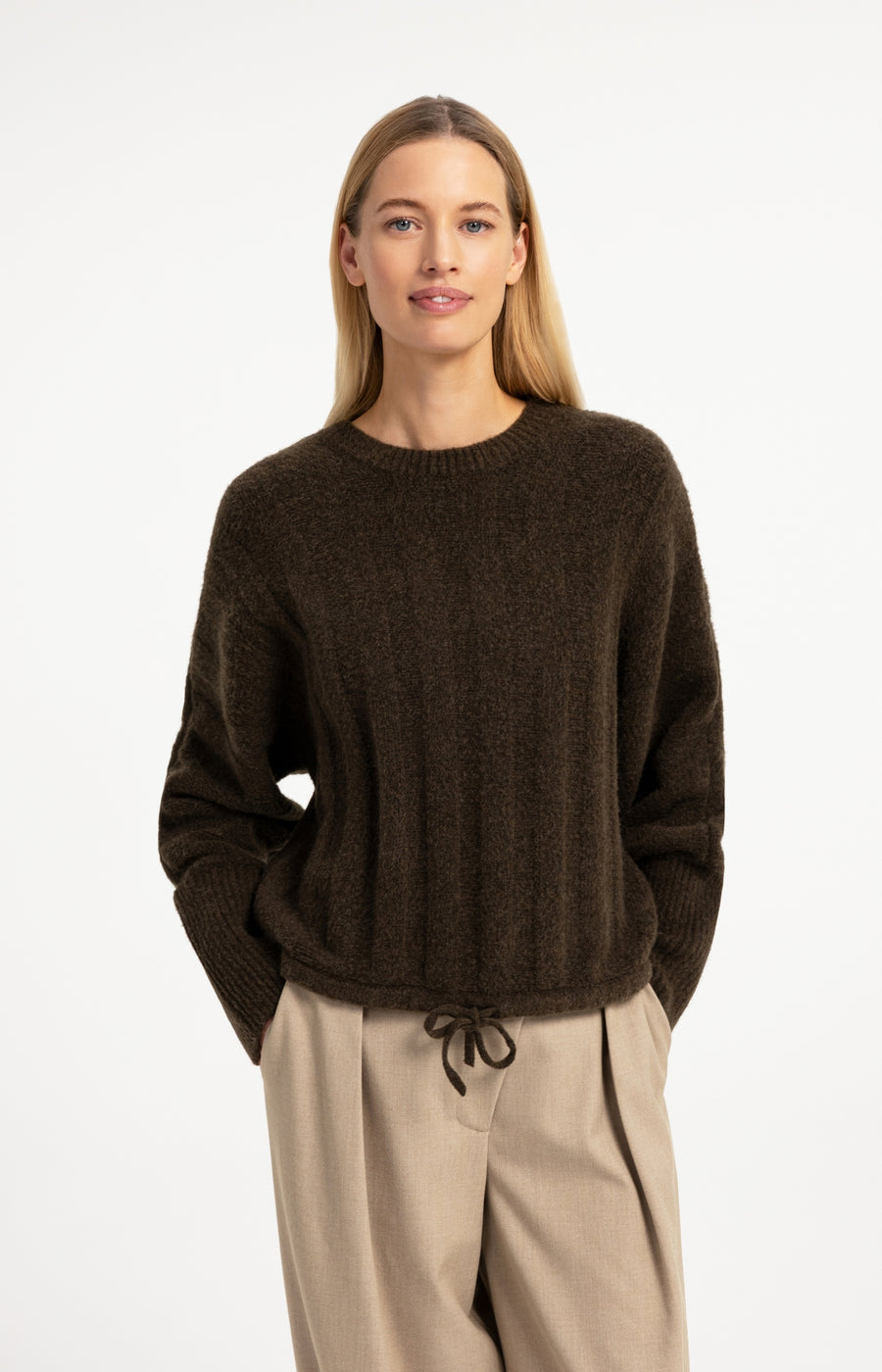 Trui Met Vleermuismouwen En Trekkoord In De Zoom van YAYA, kleur Slate Black  Brown Melange