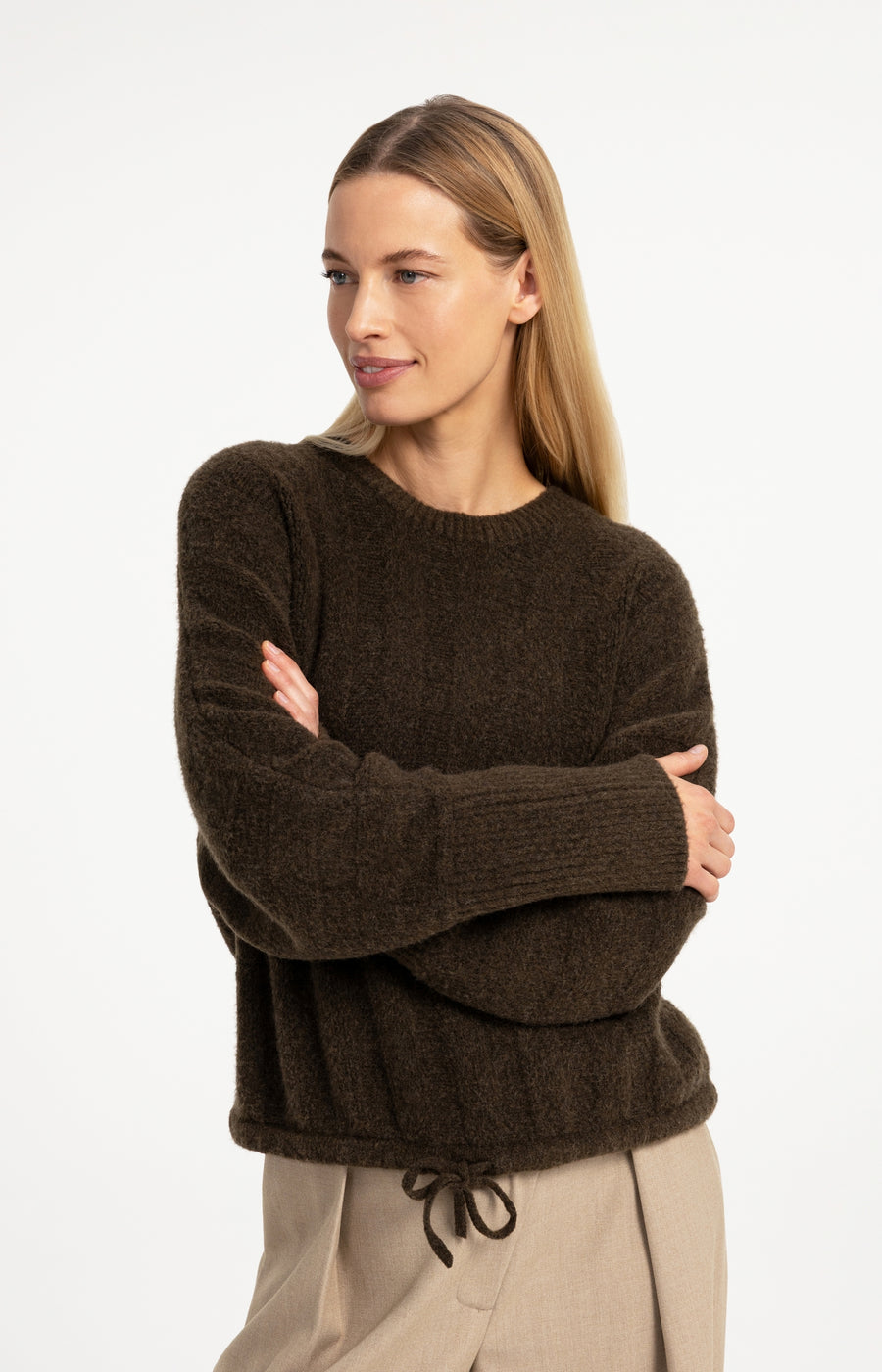 Trui Met Vleermuismouwen En Trekkoord In De Zoom van YAYA, kleur Slate Black  Brown Melange