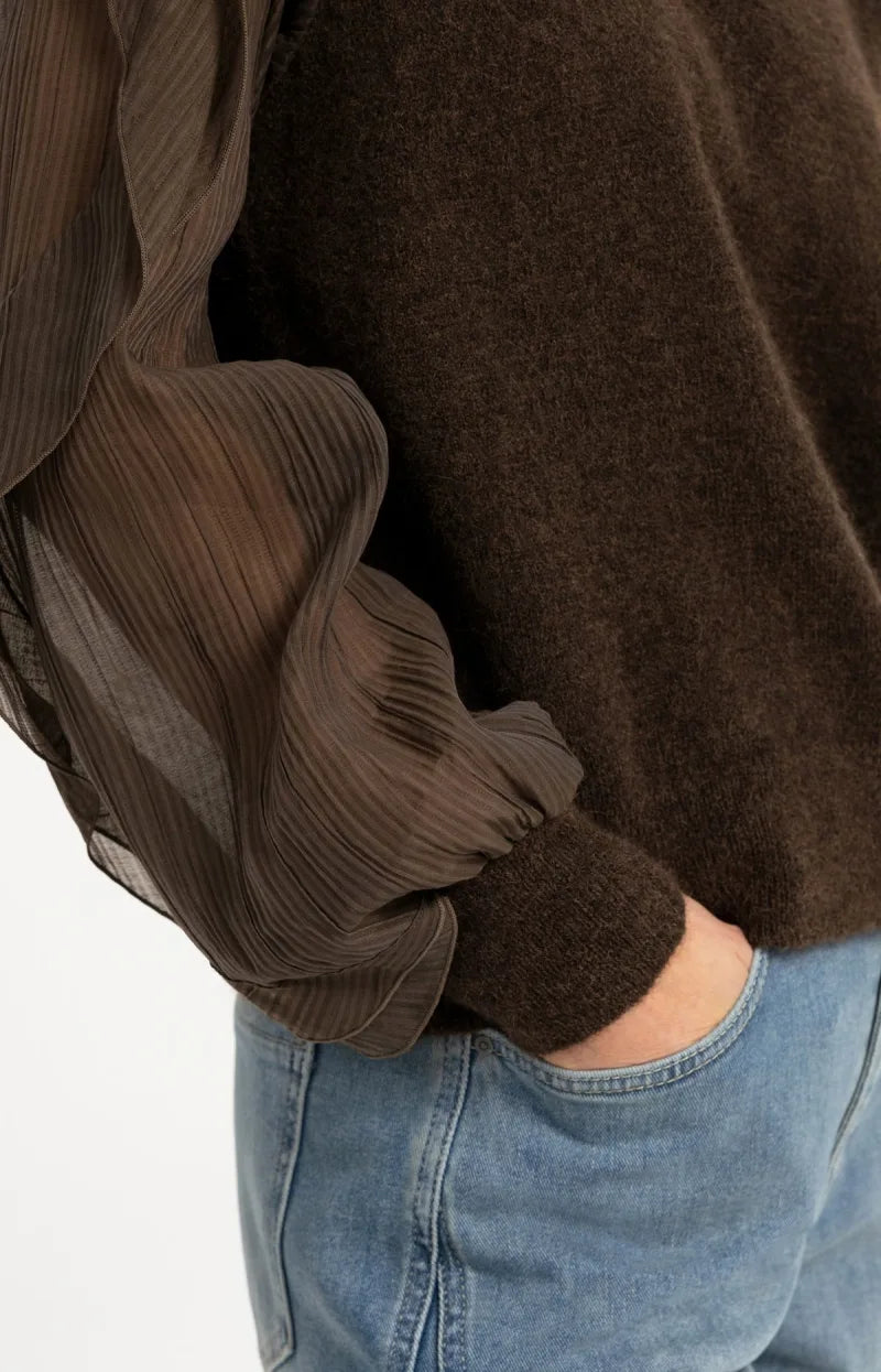 Gebreide Trui Met Ruchesmouwen van YAYA, kleur Slate Black Brown