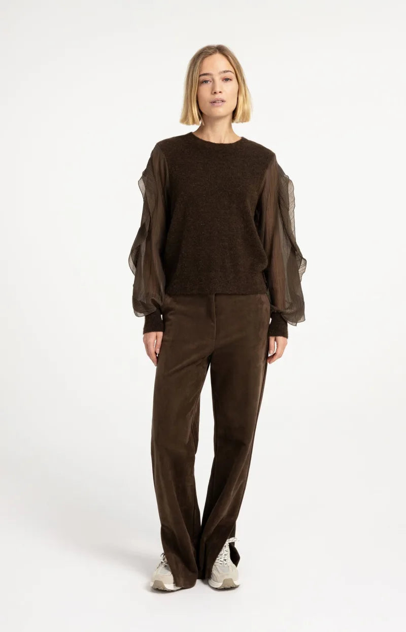 Gebreide Trui Met Ruchesmouwen van YAYA, kleur Slate Black Brown