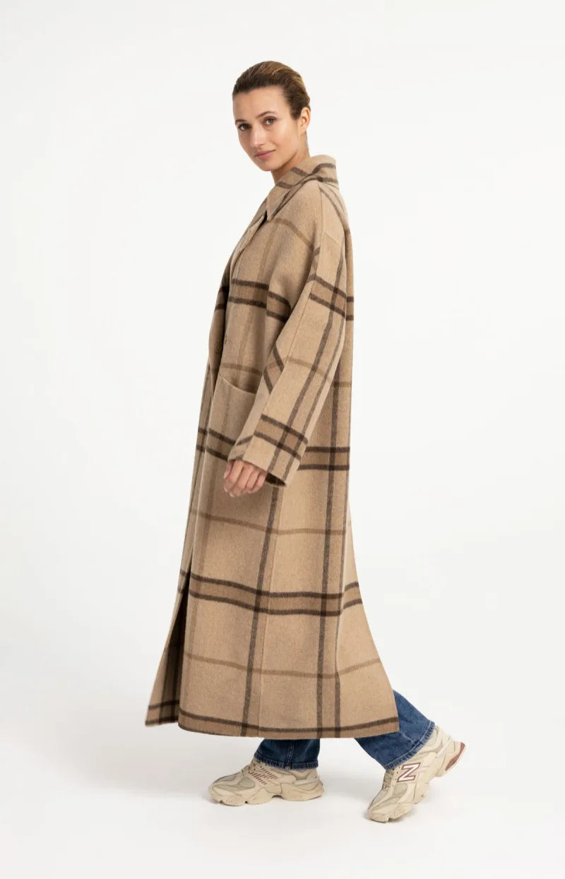 Lange Geruite Jas Van Wolmix Met Oversized Pasvorm van YAYA, kleur Cornstalk Brown Dessin