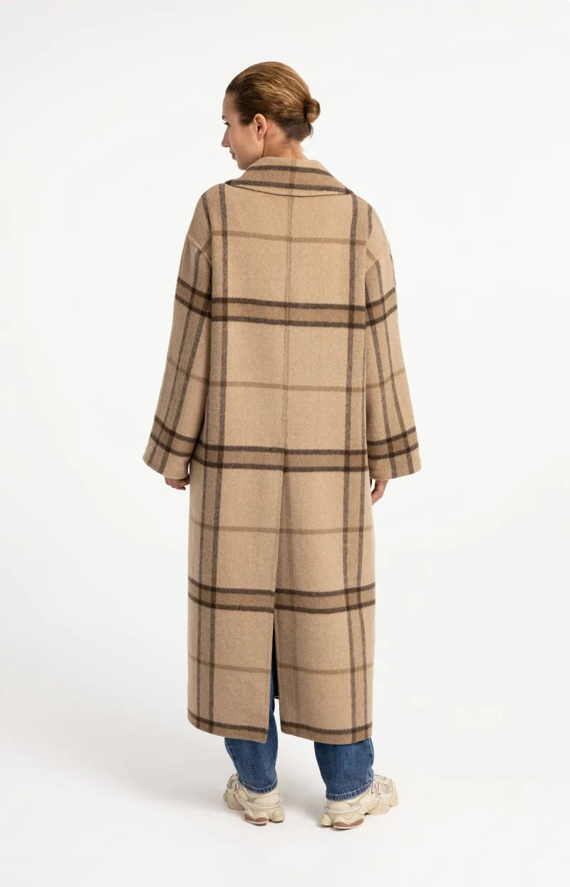 Lange Geruite Jas Van Wolmix Met Oversized Pasvorm van YAYA, kleur Cornstalk Brown Dessin